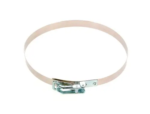 BOSCH Spannband aus Metall mit mechanischem Verschluss, geeignet zur Befestigung oder Sicherung von Schalldämpfern oder ähnlichen Komponenten.
